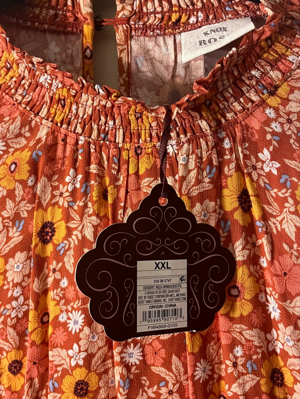 NWT Knox Rose Boho Rust Red Floral Smocked Neck Blouse XXL - Picture 4 of 7